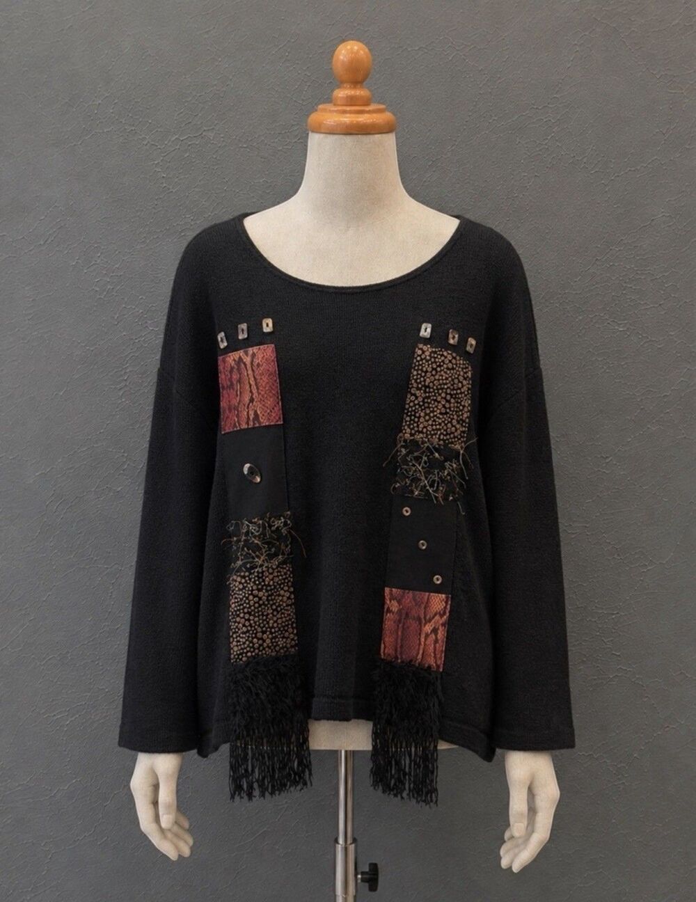 Vintage Nino Wong L Black Fringe Beaded Patchwork Art To Wear Boho Sweater Top